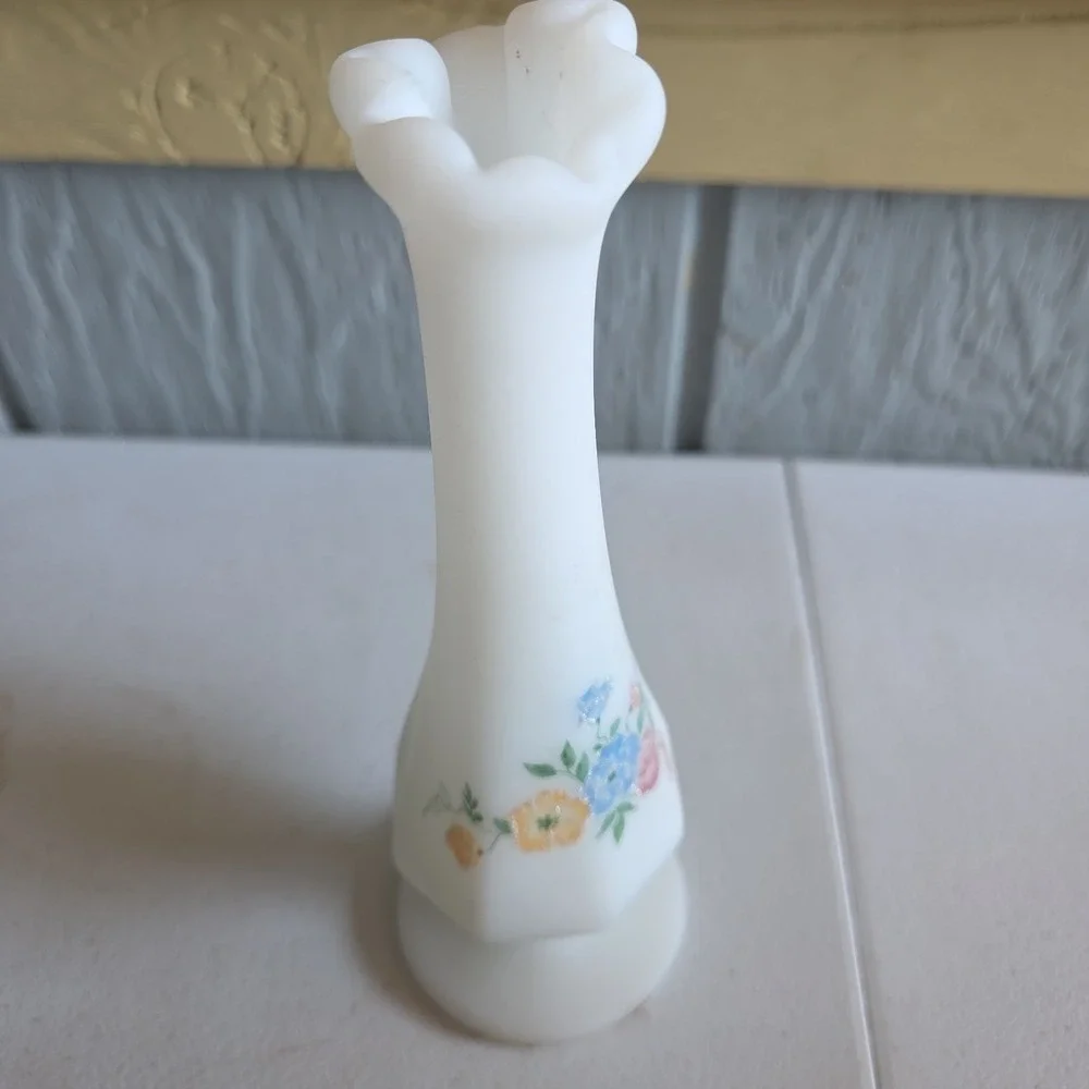 Vintage Fenton Custard Glass Swung Vase Hand Painted Florals Glitter Signed